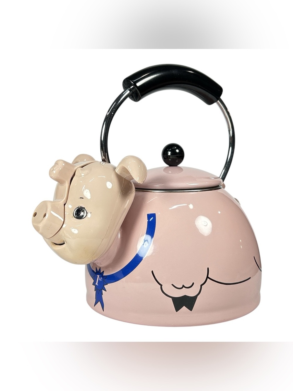 Vintage Kamenstein Pink Pig Enamel Whistling Tea Kettle Teapot with Curly Tail